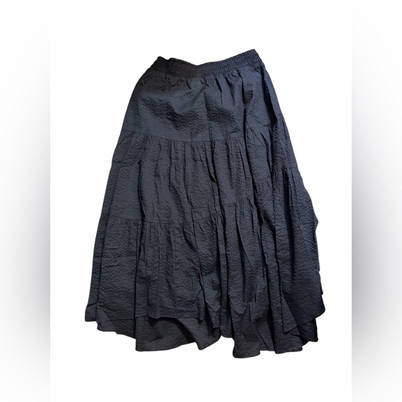 FRAME Gathered Seam Midi Skirt M Navy Tiered High Low Cotton - Picture 4 of 7